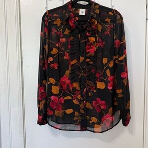 NWOT Cabi Catherine Blouse Midnight Floral Semi-Sheer Ruffled Long Slv Sz M